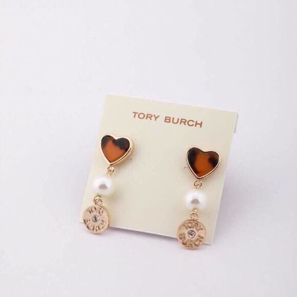 NWOT Tory Burch Gold Tortoise Heart,Pearl Drop Earirngs - Picture 1 of 4